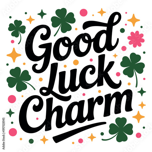A colorful illustration of a good luck charm with shamrocks and stars