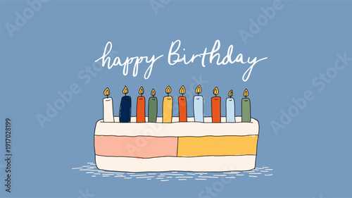 Birthday cake with ten candles and happy birthday text. Illustrated birthday cake with ten lit candles and Happy Birthday message on blue background