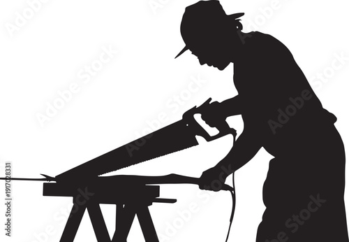 Silhouette of person using a hand plane on a workbench