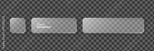 Three translucent glass morphism elements with rounded corners on a transparent background for UI design and web interface.
