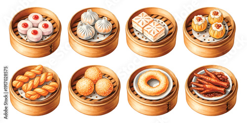 Set watercolor of traditional Chinese dim sum, dumpling dishes served in bamboo steamer, isolated on transparent background