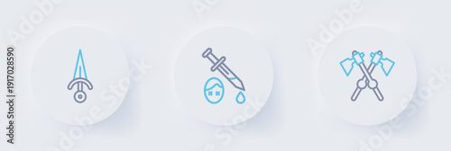 Set line Crossed medieval axes, Sword with blood and Dagger icon. Vector