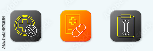 Set line Cross hospital medical, Medical prescription and X-ray shots icon. Vector