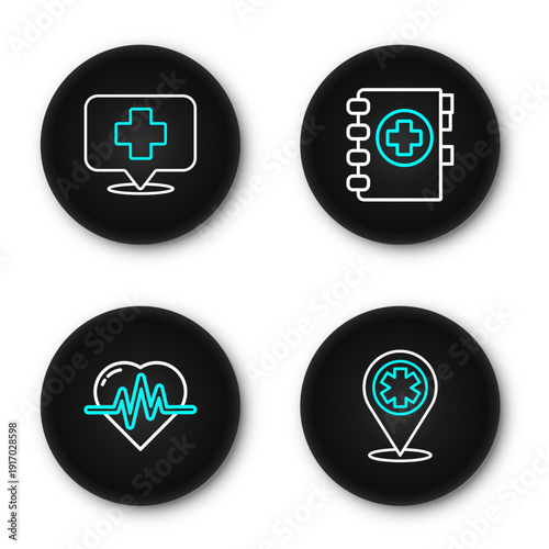 Set line Map pointer with cross hospital, Heart rate, Medical clipboard and icon. Vector