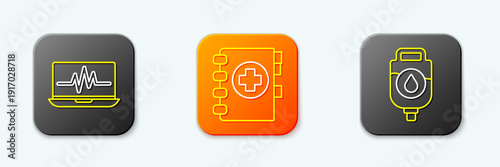 Set line Laptop with cardiogram, Medical clipboard and IV bag icon. Vector