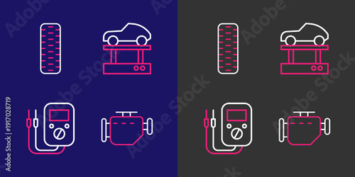 Set line Check engine, Multimeter, Repair car on a lift and Car tire wheel icon. Vector