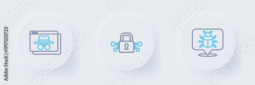 Set line System bug, Cyber security and Browser incognito window icon. Vector