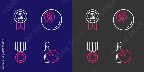 Set line Bowling pin and ball, Medal, Billiard pool snooker and icon. Vector