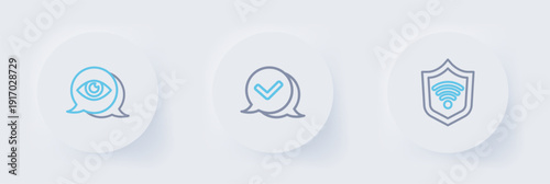 Set line Shield with WiFi wireless, Check mark in speech bubble and Eye scan icon. Vector