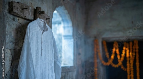 Traditional white garment hanging on a hook in a rustic interior  Holi