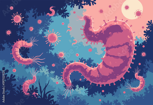 Helicobacter pylori background Spiralshaped bacteria flagella tails swimming left side Gastric health theme