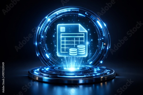 Futuristic holographic projection of a digital spreadsheet icon with stacked coin symbols hovering above a glowing circular platform, neon blue financial interface