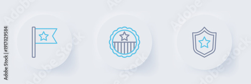 Set line Police badge, Medal with star and American flag icon. Vector