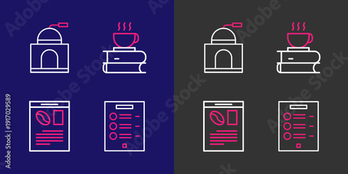 Set line Coffee menu, Newspaper and coffee, cup book and Manual grinder icon. Vector