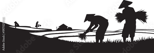 Silhouettes of farmers working in rice fields with conical hats