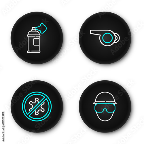 Set line Special forces soldier, Protest, Whistle and Paint spray can icon. Vector