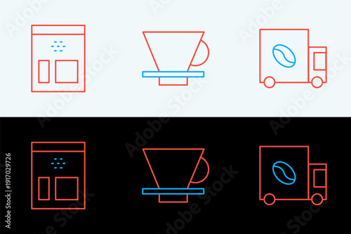 Set line Coffee street truck machine, Bag coffee beans and V60 maker icon. Vector