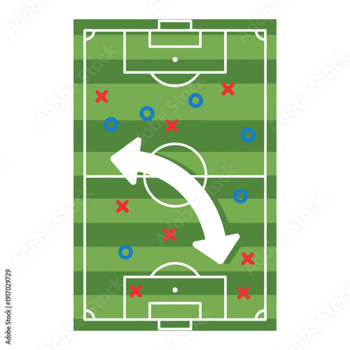 Soccer field tactical diagram showing team formations and play strategy with arrows