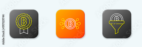 Set line Bitcoin, circuit and Sales funnel with bitcoin icon. Vector