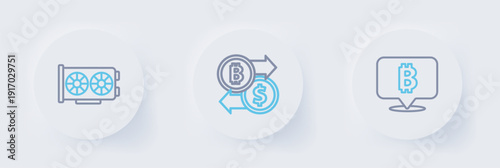 Set line Bitcoin, Cryptocurrency exchange and Video graphic card icon. Vector