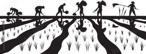 Silhouettes of farmers working in rice fields with tools