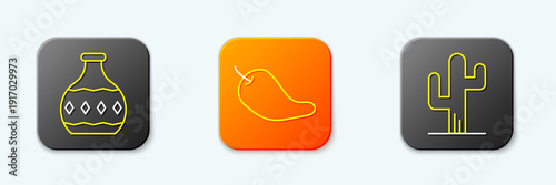 Set line Tequila bottle, Hot chili pepper pod and Cactus icon. Vector