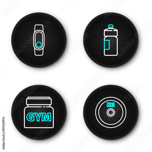 Set line Weight plate, Sports nutrition, Fitness shaker and Smartwatch icon. Vector