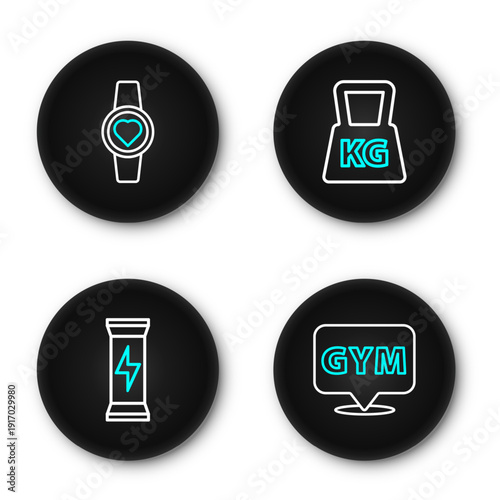 Set line Location gym, Sports nutrition, Weight and Smartwatch icon. Vector