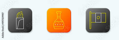 Set line Burrito, Tequila bottle and Mexico flag icon. Vector