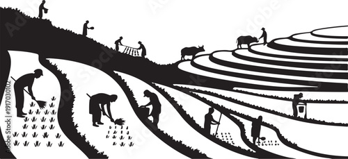 Silhouettes of people farming on terraced hillsides