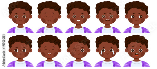 Set of cute African American boy character with different facial expressions. Child avatar with various emotions as happy, sad, surprised, angry, confused and smiling. Isolated vector illustration