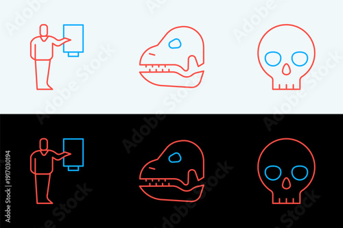 Set line Human skull, Museum guide and Dinosaur icon. Vector