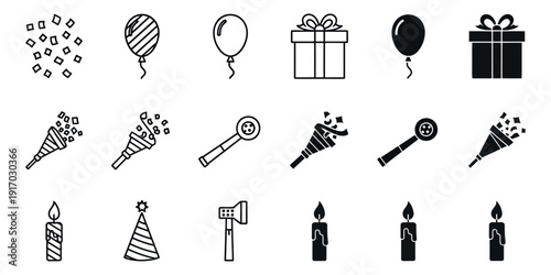 Black and white birthday party including balloons gifts and confetti celebration