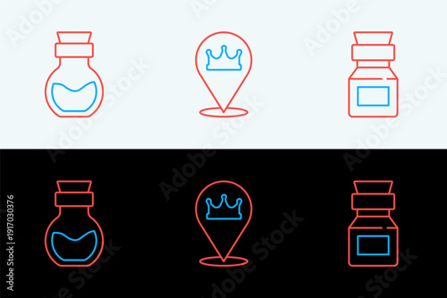 Set line Poison in bottle, and Location king crown icon. Vector
