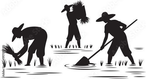 Three Farmers Working in Rice Field Silhouette farming