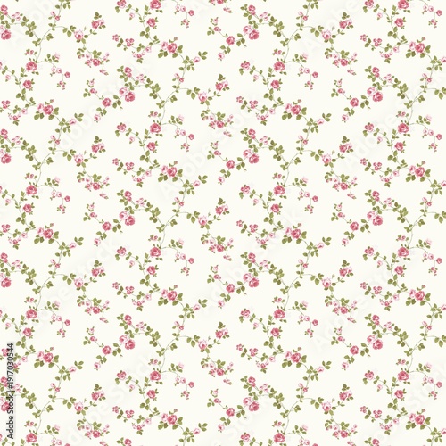 Graceful pink rose vine seamless pattern on light background. Delicate botanical design perfect for wallpaper, fabric prints, wrapping paper and feminine branding.