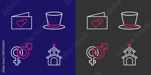 Set line Church building, Gender, Cylinder hat and Greeting card icon. Vector