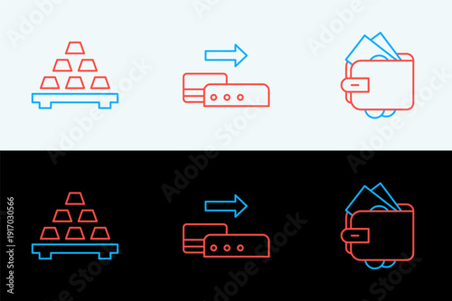 Set line Wallet with money, Gold bars and Pos terminal icon. Vector