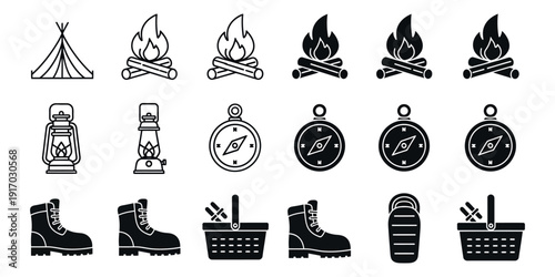 Black and white camping set including tent campfire lantern compass boots baskets