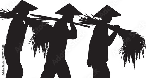 Three People Carrying Bundles on Shoulders Silhouette