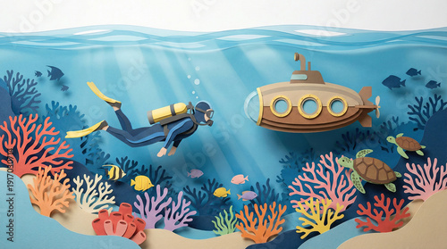 Paper cut scuba diver exploring underwater ocean with submarine