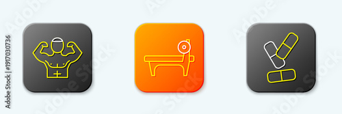 Set line Bodybuilder muscle, Bench with barbel and Vitamin pill icon. Vector