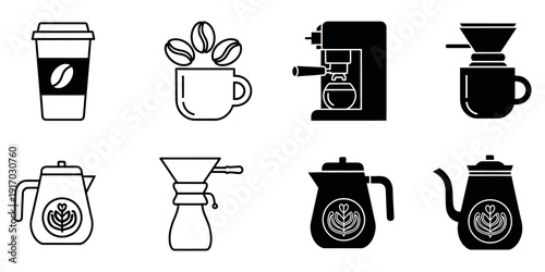 Black and white coffee with cups and machines coffee cup coffee beans coffee machine kettle