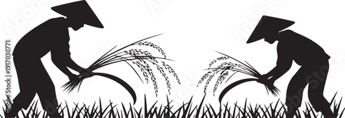 Two Farmers Harvesting Rice in a Field Silhouette