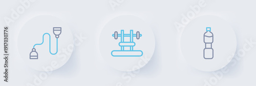 Set line Bottle of water, Bench with barbel and Chest expander icon. Vector
