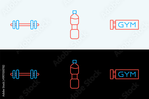 Set line Location gym, Barbell and Bottle of water icon. Vector