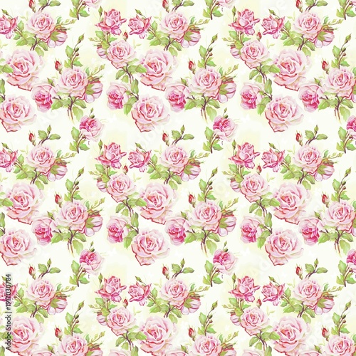Romantic pink rose seamless pattern with green leaves on soft cream background. Classic shabby chic floral design ideal for fabric, stationery and home decor.