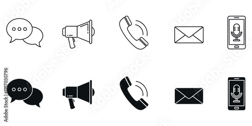 Black and white communication including speech bubbles phone email and megaphone