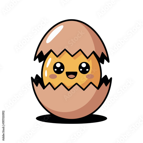 A cute cartoon chick hatches from a brown eggshell with a happy face