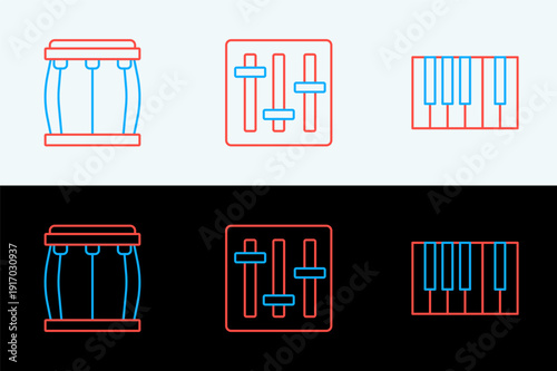 Set line Grand piano, Drum and Sound mixer controller icon. Vector
